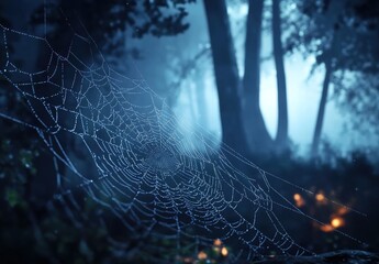 A spider-web with dewdrops hanging in a forest at night.