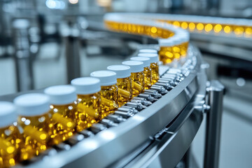 Obraz premium Convey belt with yellow plastic bottles moving at a recycling plant, workers sorting and stacking them on a busy production line.