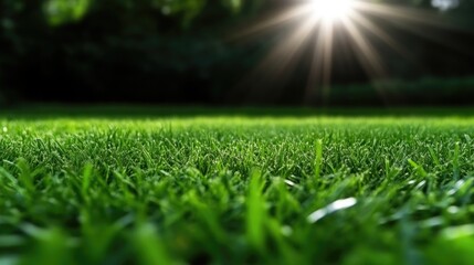 Naklejka premium Lush green grass field bathed in sunlight