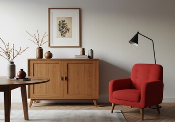 Interior view of a red armchair next to a wooden cabinet with vases and a framed botanical print