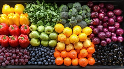 A vibrant display of colorful fruits and vegetables showcasing fresh organic healthy natural nutrition diet meal plate with diverse shapes colors and produce arrangement. 