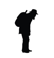 Hobo silhouette. This image depicts a black silhouette of a person with a backpack and hat, symbolizing a wanderer or vagabond in casual posture. Vector clipart illustration design.