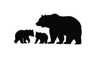 Fototapeta premium Bear family silhouette. This image shows a black silhouette of a bear family, including an adult and cubs, symbolizing togetherness and wildlife. Vector clipart illustration design.