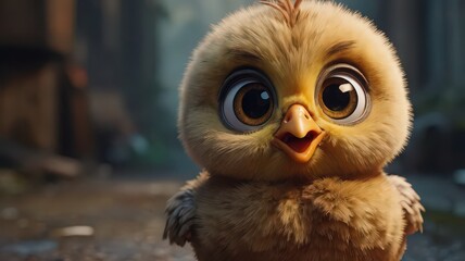 Close up of a fluffy yellow cartoon chick with big eyes looking at the camera