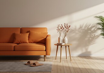 A living room scene featuring an orange couch, side table, and plant in a well lit interior space
