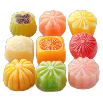 Colorful assortment of candis in various shades and sizes isolated on transparent background.