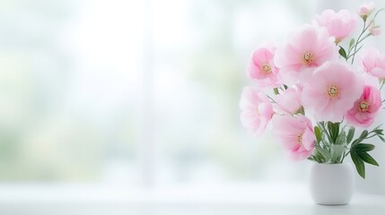 Fototapeta premium Pink Poppies in Vase Soft Floral Style High-Resolution Soft Lighting Horizontal Close-Up View Delicate Petals Peaceful Display Bright Window Background Gentle Serenity Ideal for Greeting Cards