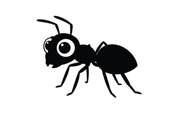 Cartoon ant silhouette. This image shows a black silhouette of a cartoon ant with large eyes, six legs, and antennae, symbolizing a playful and whimsical insect. Vector clipart illustration design.