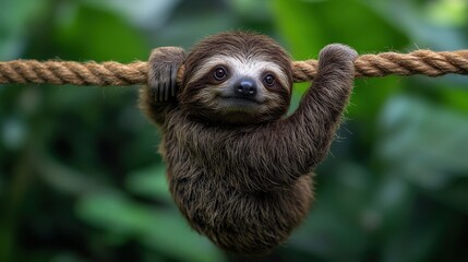 Fototapeta premium A charming, young sloth hangs playfully from a rope.