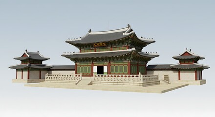 Exterior view of a traditional korean palace with intricate architecture and tiled roofs against a sky background