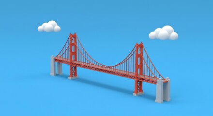A stylized golden gate bridge illustration with clouds on a plain blue background rendering scene