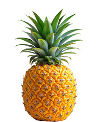 Fototapeta premium A pineapple with a bright yellow skin and a crown of green leaves on top. The pineapple is set against a plain white background.