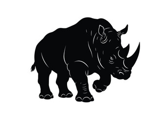 Obraz premium Charging rhino silhouette. This image shows a black silhouette of a charging rhinoceros, also known as a rhino, highlighting its powerful and dynamic stance. Vector clipart illustration design.