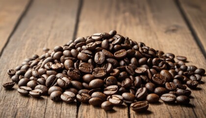 Fototapeta premium Side view of fresh coffee beans isolated on a white wooden background 1