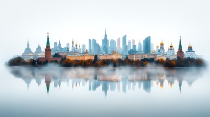Cityscape with golden-domed churches, towers, and modern skyscrapers reflected in water