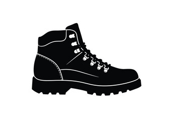 Hiking boot silhouette. This image shows a black silhouette of a hiking boot, also referred to as outdoor or trekking footwear, featuring sturdy and rugged design. Vector clipart illustration design.