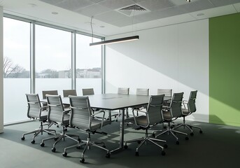 Conference room with large windows, a long table, and multiple office chairs in a modern office space