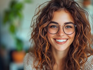 Obraz premium Vibrant Woman with Curly Hair and Glasses Exudes Confidence and Style