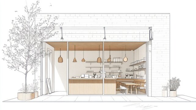 Modern cafe exterior sketch, warm tones, city street, architectural design, potential for print or presentation
