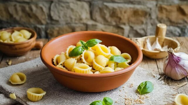Orecchiette, fresh homemade pasta served with garlic and olive oil, rustic Italian kitchen, warm golden lighting, cozy and delicious atmosphere 
