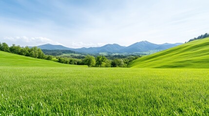 Fototapeta premium Lush green fields meet rolling hills under a vibrant blue sky. A picturesque landscape of rolling hills, meadow, and distant mountains