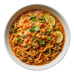 Spicy noodle soup with fresh herbs, lime slices, and mixed vegetables creating vibrant and appetizing meal