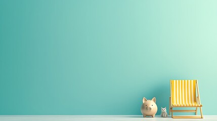 Piggy bank, cat, beach chair near a teal wall. Savings concept