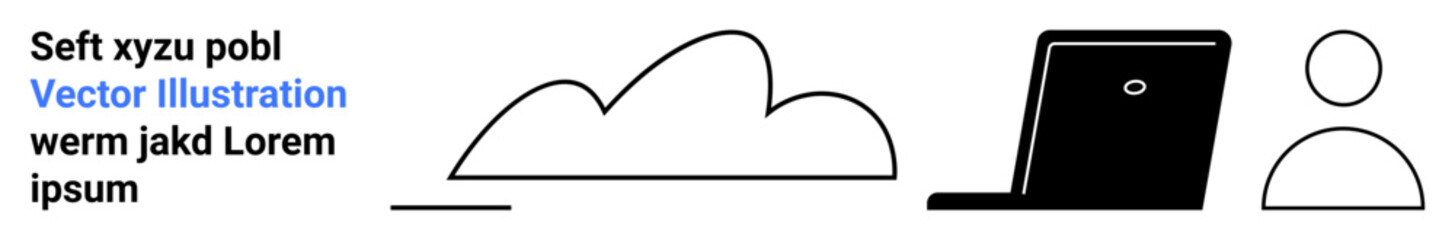 Cloud shape, simple laptop, and user profile icon in minimalist black stroke. Ideal for teamwork, cloud computing, online collaboration, remote work, technology, digital transformation simple