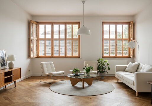 A bright living room with wooden shutters, white furniture, and a herringbone patterned wooden floor
