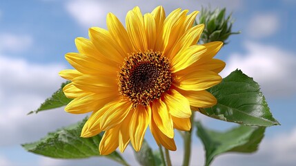 A vibrant sunflower standing tall under a bright blue sky, showcasing its exquisite yellow petals and rich brown center.