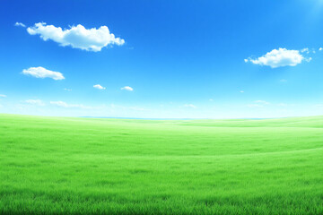 Obraz premium field of green grass under a blue sky with white clouds 1