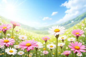 Fototapeta premium field of daisies with the sun shining through them 2