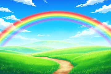 dirt road in the middle of a green field with a rainbow in the sky