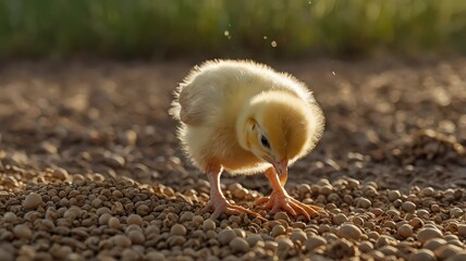 A small yellow chick pecking at the ground covered in pebbles in the sunlight outdoors