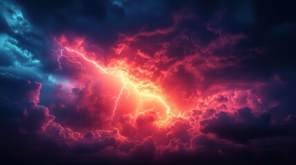 Powerful storm clouds illuminated by vibrant lightning strikes.