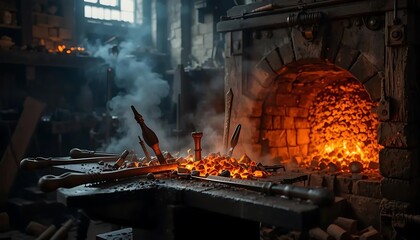 Glowing Forge in a Rustic Medieval Blacksmith s Workshop with Warm Lighting