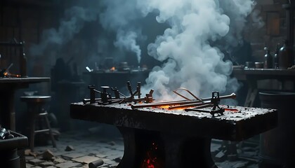 Glowing Forge in a Rustic Medieval Blacksmith s Workshop with Warm Lighting