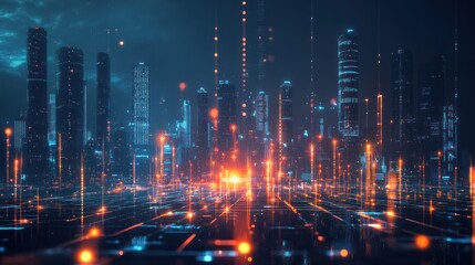 Futuristic city at night with glowing digital network.