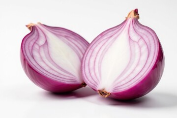 Red onion half, cut side visible, clean white backdrop , agriculture, vegetable