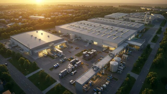 Industrial complex aerial view at sunrise
