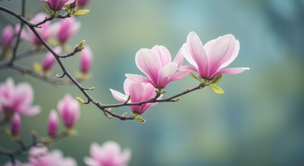 Beautiful Pink Magnolia Blossoms Blooming Against a Blurred Blue Background, Capturing a Vibrant Springtime Mood