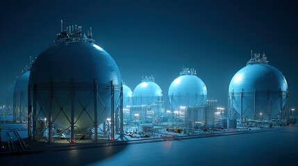 Naklejka premium Large, spherical storage tanks at a nighttime industrial facility.