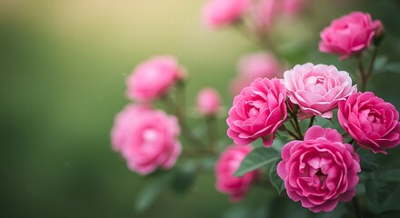 Fototapeta premium Pink Paradise A Soft Bloom Rose Garden Dawn Summer Rose Embrace Gentle Rose Hues Whispers Of Roses Secret Garden Roses Petals In The Light Dew Kissed Roses Roses In Bloom AI Generated