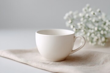Fototapeta premium serene cafe scene featuring minimalist table setting with single white cup against neutral background