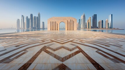 Fototapeta premium Cityscape with archway, tiled foreground, and modern skyscrapers