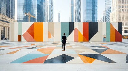 Man facing colorful mural, geometric floor in city