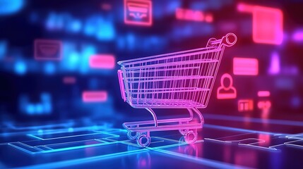 Neon-lit digital environment with a shopping cart and small cart icons.