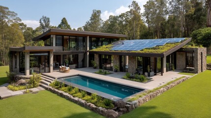 Modern house with pool and green roof