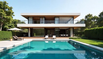 Fototapeta premium A sleek, modern house with large windows and an outdoor pool in front of it. The exterior is white with black accents, creating a clean aesthetic. Created with generative ai