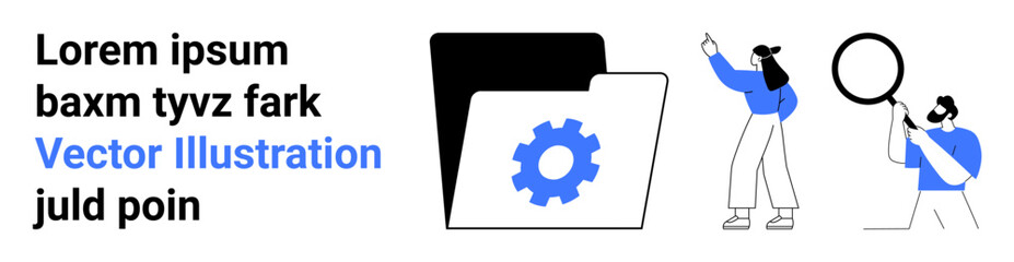 Black folder with gear icon, two people analyzing using magnifying glass and pointing tool. Ideal for teamwork, process optimization, organization, data management, research, collaboration, simple